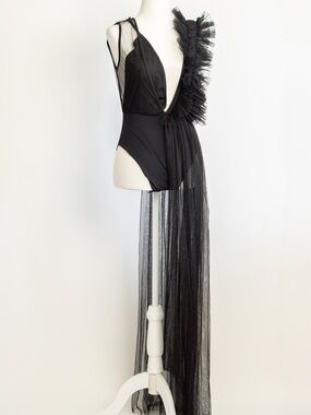 AKIRA Black Sheer Tulle One-Piece with Ruffle Shoulder
